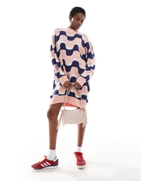 Monki oversized knitted mini dress in blue and pink wavy stripe pattern jacqaurd - view 1