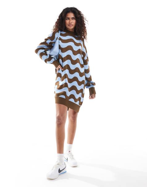 Monki oversized knitted mini dress in brown and blue wave pattern jacquard - view 1