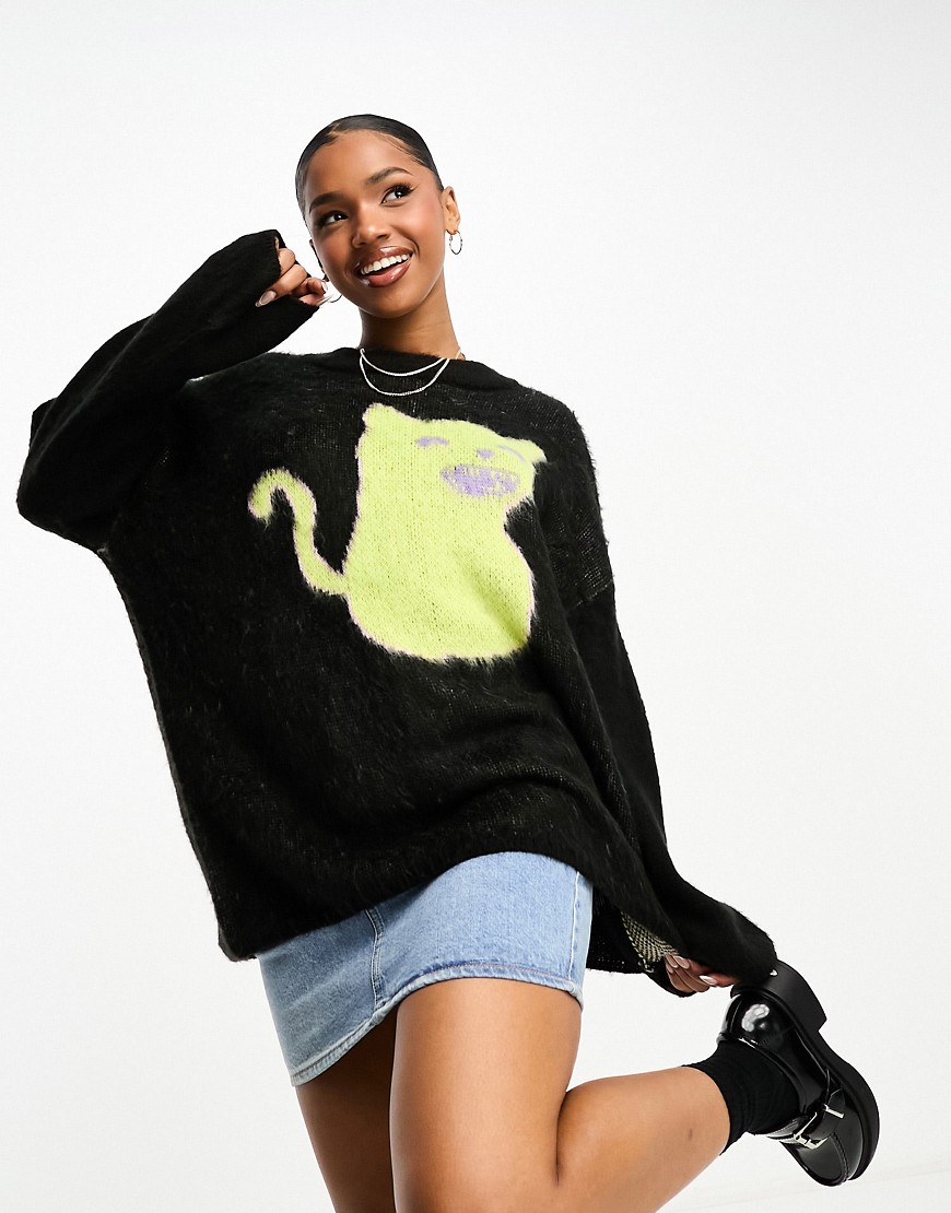 Monki oversized knitted sweater with jacquard cat placement-Black