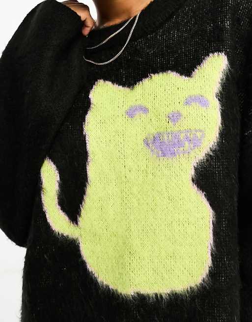 Monki oversized knitted sweater with jacquard cat placement Monki oversized knitted sweater with jacquard cat placement