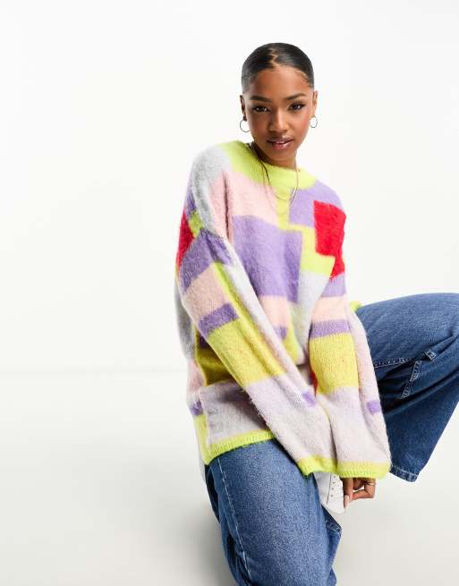Monki oversized knitted sweater with jacquard color blocking