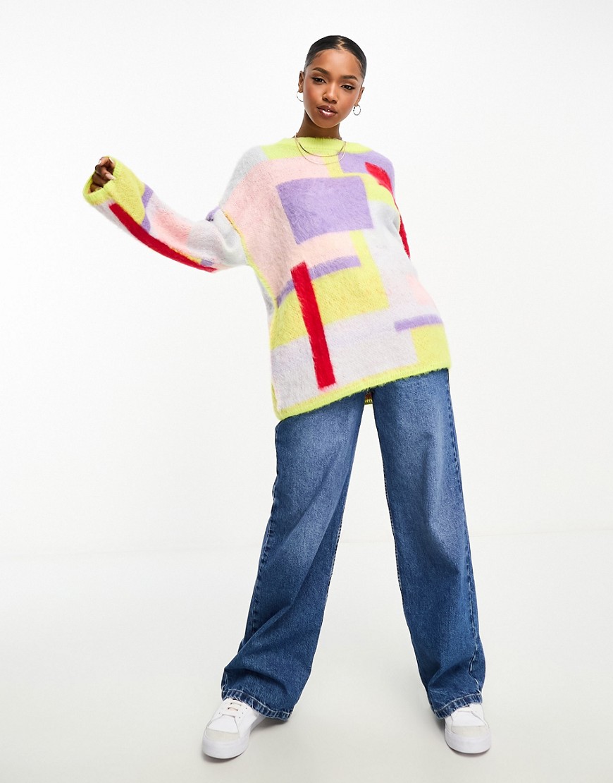 Monki oversized knitted sweater with jacquard colour blocking-Multi