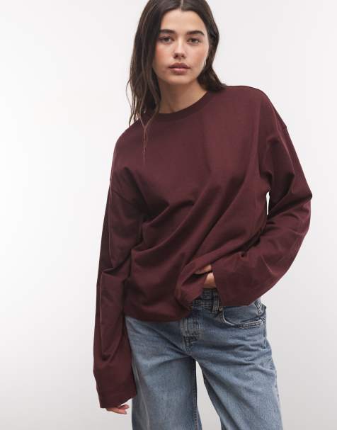 Monki Oversized Langarm-T-Shirt in Burgunderrot - view 1