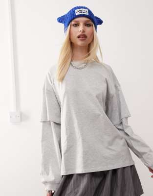 Monki Oversized Layered Effect Long Sleeve Top In Gray Melange