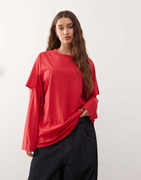 Monki oversized long sleeve layered t-shirt in red - view 1