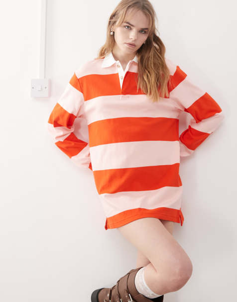 Monki oversized long sleeve rugby top in pink and red stripe - view 1