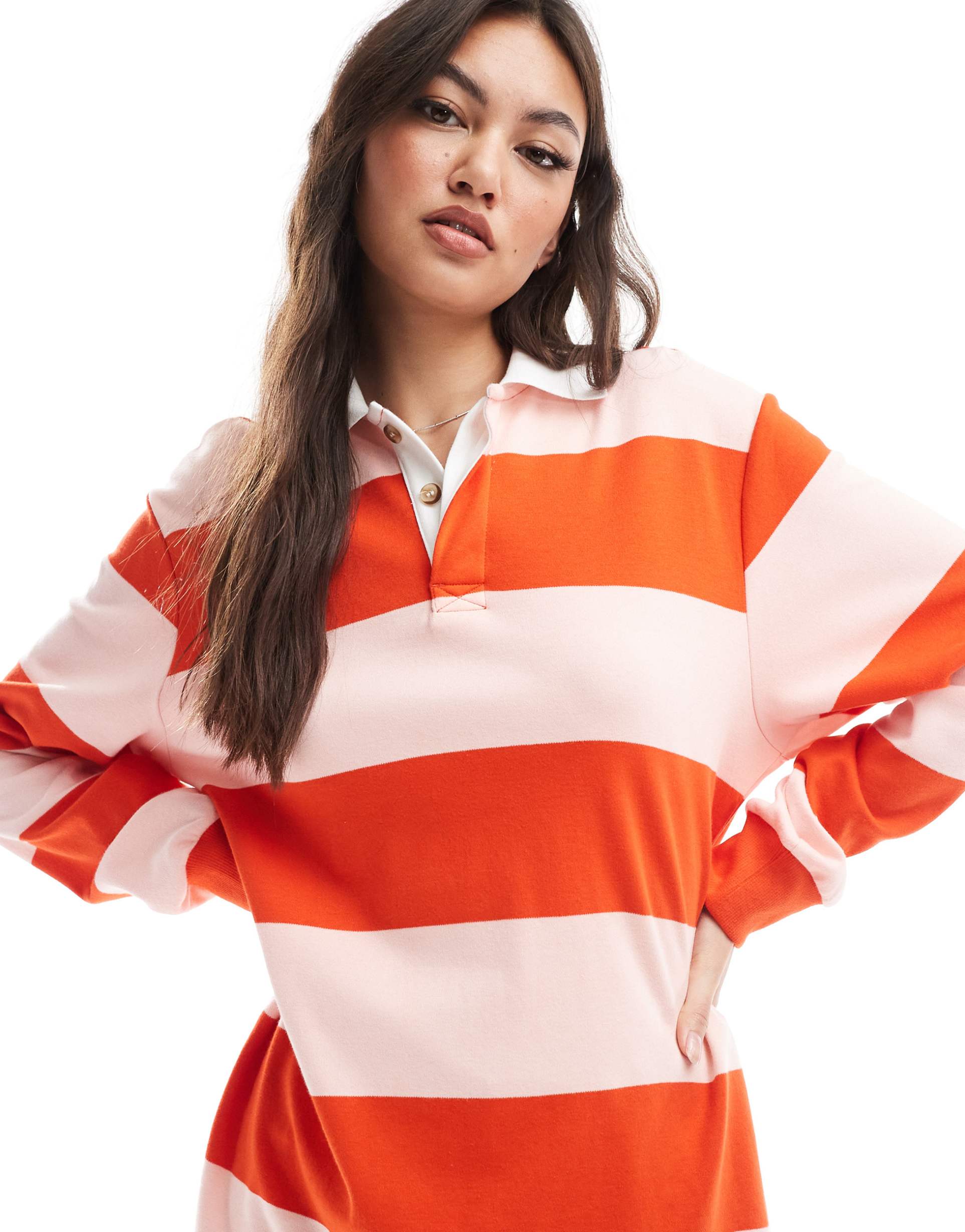 monki oversized long sleeve rugby top in pink and red stripe