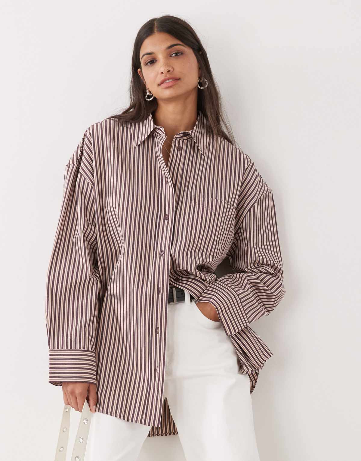 Monki oversized long sleeve shirt in burgundy stripe
