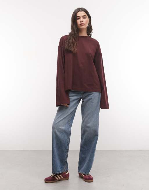Monki oversized long sleeve t-shirt in burgundy, 2 of 4
