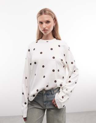 Monki oversized long sleeve t-shirt in cream polka dot