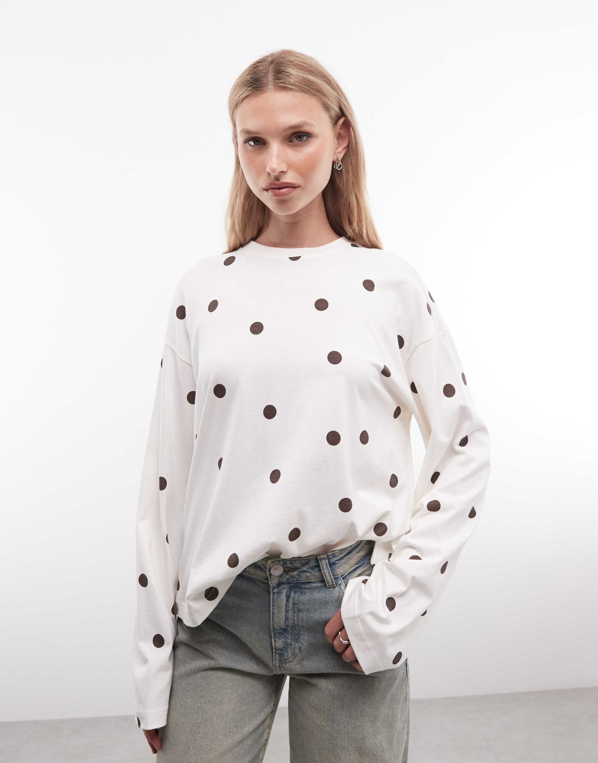 monki oversized long sleeve t-shirt in cream polka dots