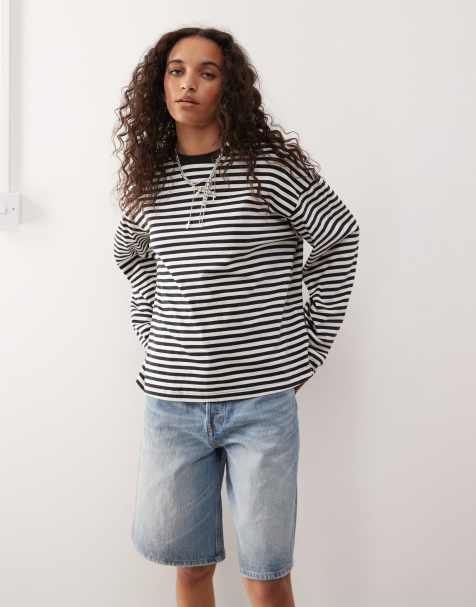 Monki oversized long sleeve t-shirt with side slits in black and white stripe - view 1