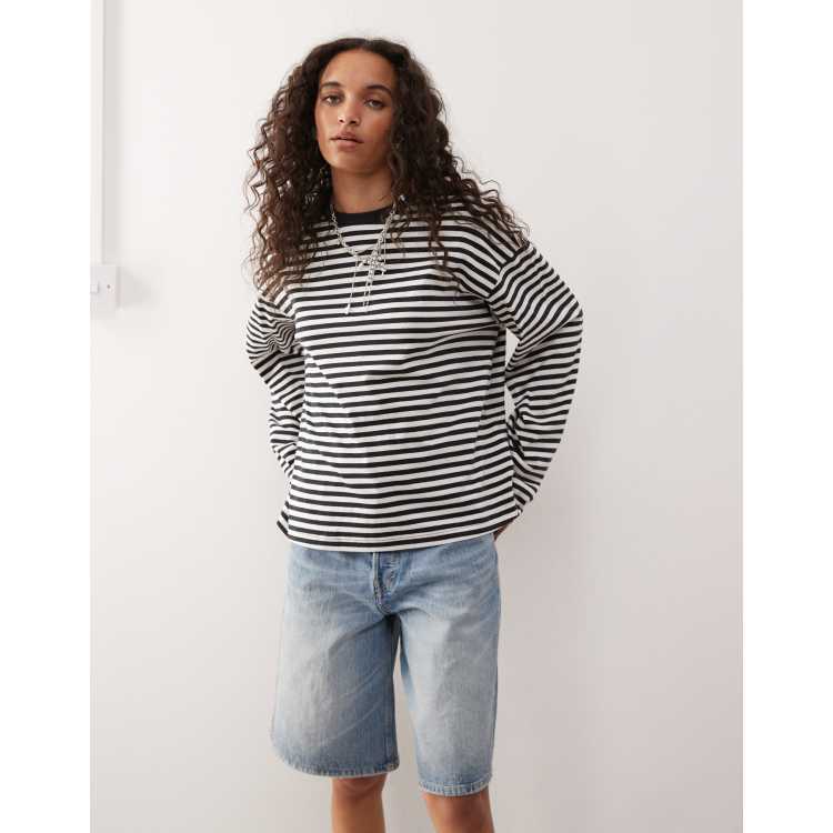【BAON】Keldi Stripe Over Long Sleeve Tee Monki oversized long sleeve T-shirt with side slits in black