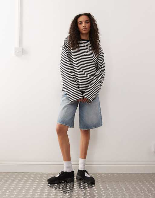 Monki oversized long sleeve t-shirt with side slits in black and white stripe