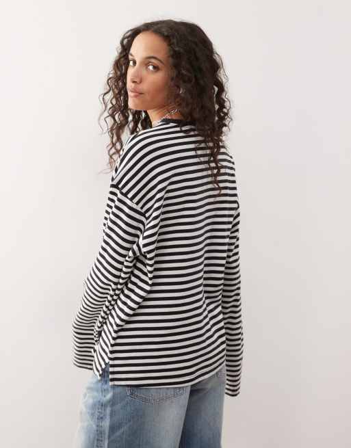 Monki oversized long sleeve t-shirt with side slits in black and white stripe
