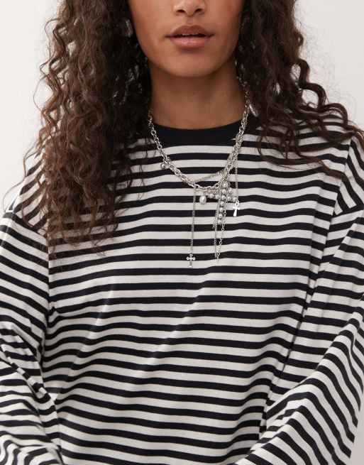 Monki oversized long sleeve t-shirt with side slits in black and white stripe