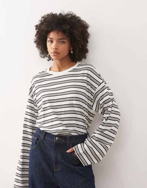 Monki oversized long sleeve t-shirt with side slits in black and white stripe - view 1