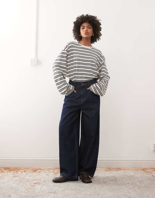 Monki oversized long sleeve t-shirt with side slits in black and white stripe