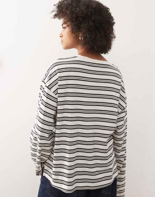 Monki oversized long sleeve t-shirt with side slits in black and white stripe