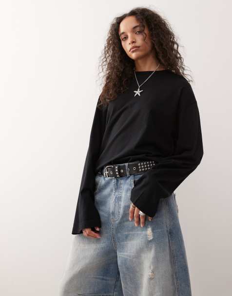 Monki oversized long sleeve t-shirt with side slits in black - view 1