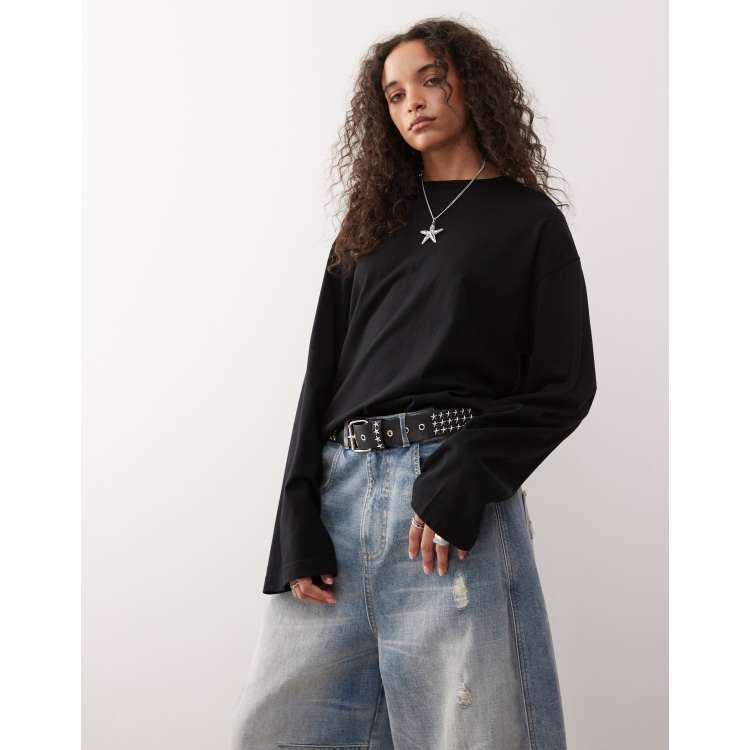 Monki oversized long sleeve T-shirt with side slits in black