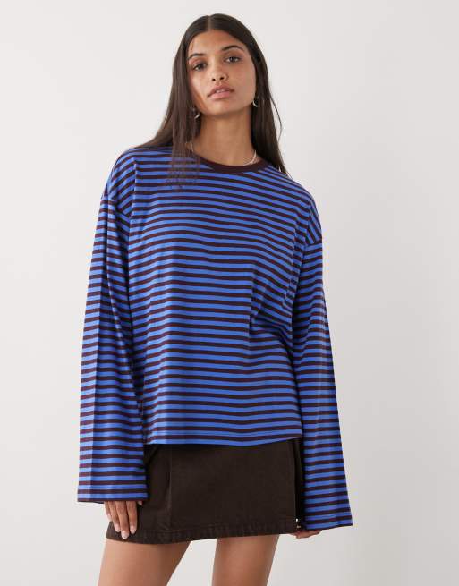 Monki oversized long sleeve t-shirt with side slits in blue and burgundy stripe