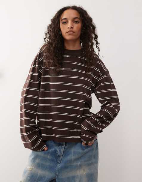 Monki oversized long sleeve t-shirt with side slits in chocolate brown stripe - view 1