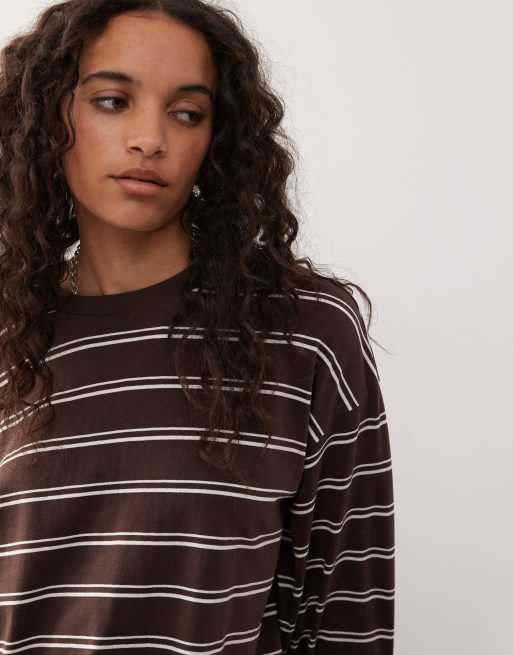 Monki oversized long sleeve T-shirt with side slits in chocolate brown stripe