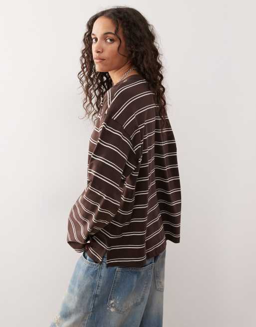 Monki oversized long sleeve T-shirt with side slits in chocolate brown stripe
