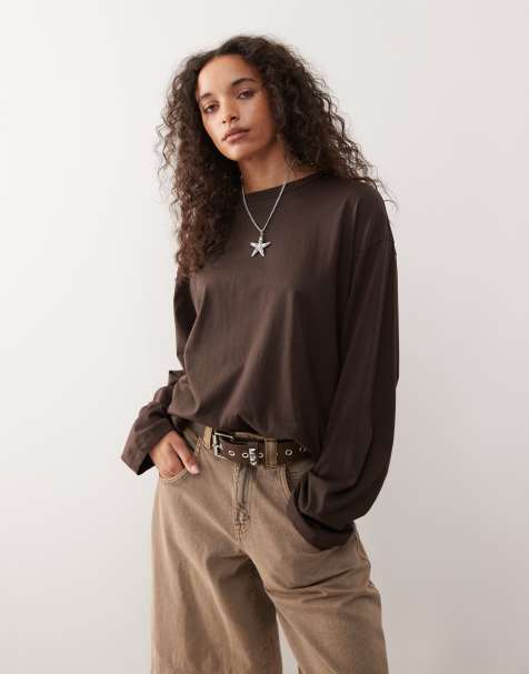 Monki oversized long sleeve T-shirt with side slits in chocolate brown - view 1
