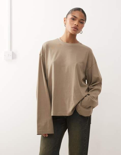 Monki oversized long sleeve t-shirt with side slits in mocha - view 1