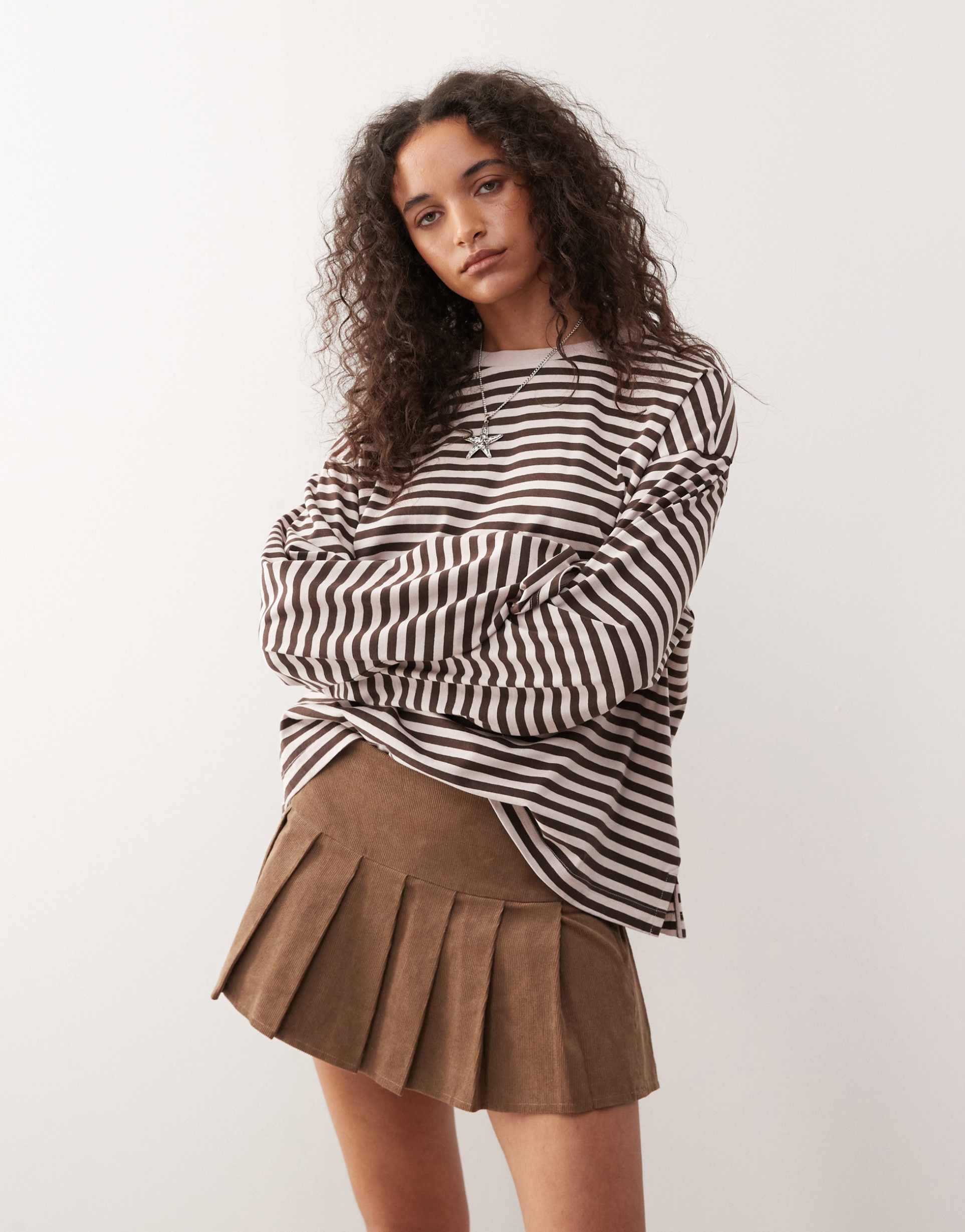 monki oversized long sleeve t-shirt with side slits in pink and chocolate brown stripe