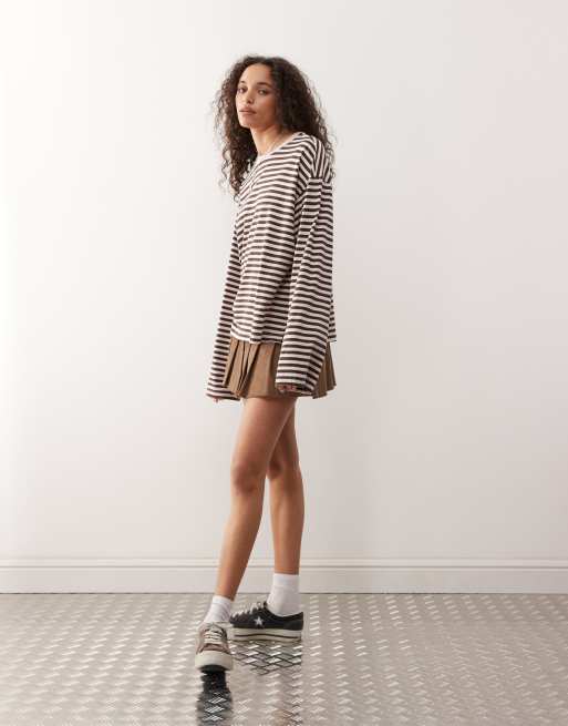 Monki oversized long sleeve T-shirt with side slits in pink and chocolate brown stripe