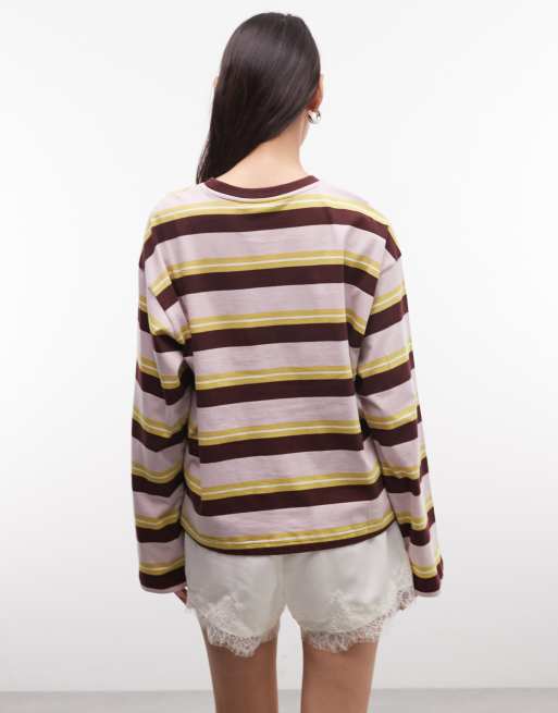 Monki oversized long sleeve t-shirt with side slits in pink and wine stripe, 4 of 4