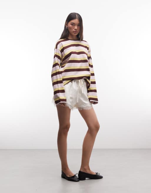 Monki oversized long sleeve T-shirt with side slits in pink and wine stripes, 2 of 4