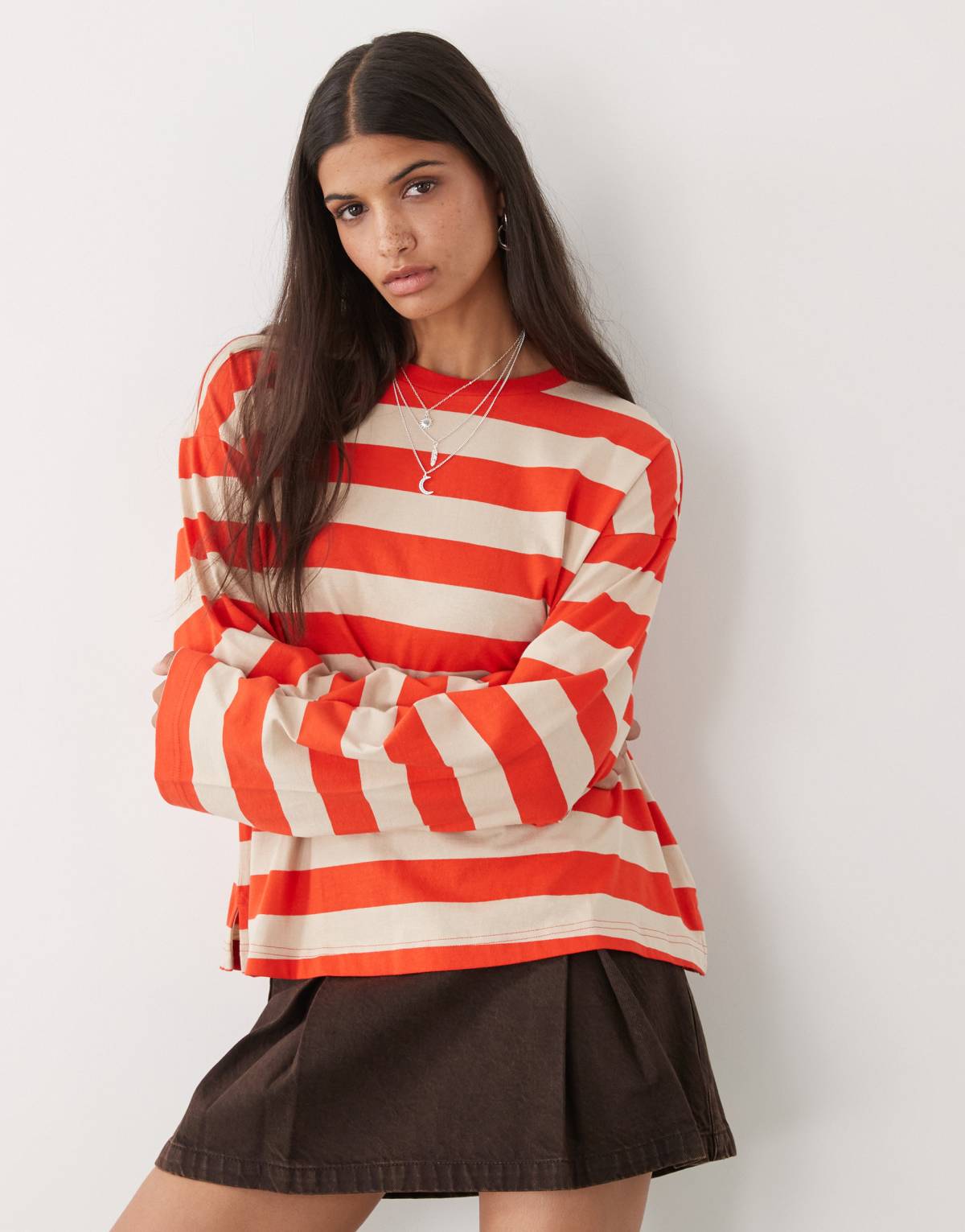 Monki oversized long sleeve t-shirt with side slits in red and beige stripe
