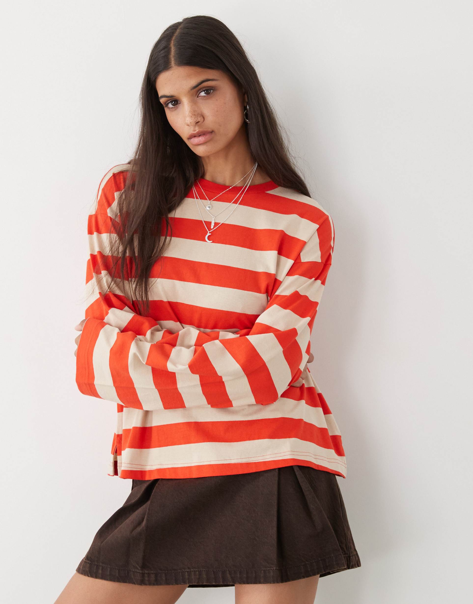 monki oversized long sleeve t-shirt with side slits in red and beige stripe