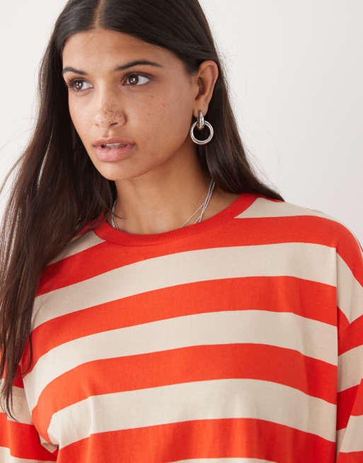 Monki oversized long sleeve t-shirt with side slits in red and beige stripe