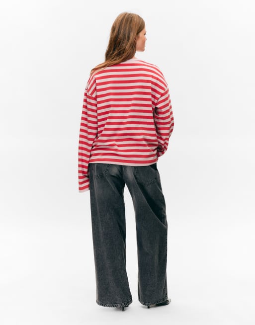 Monki oversized long sleeve t-shirt with side slits in red and pink stripe, 3 of 3