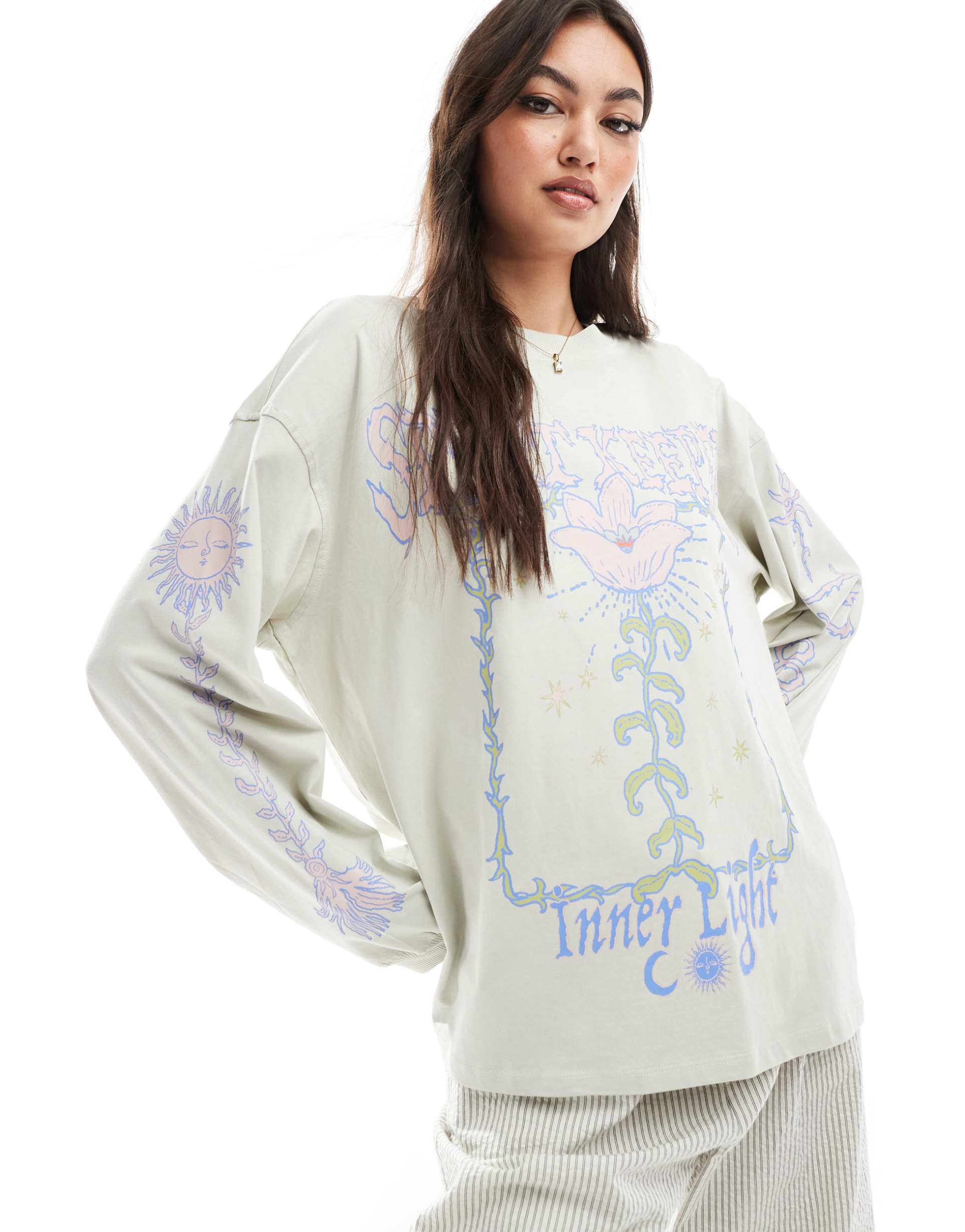 monki oversized long sleeve t-shirt with 'spirit keeper' print in light green