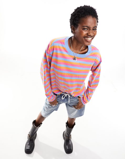 Monki oversized long sleeve top in multi colour stripe - view 1