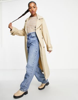 Monki oversized longline belted trench coat in beige twill