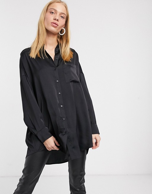 Monki oversized longline satin blouse in black