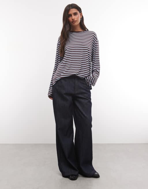 Monki oversized longsleeved t-shirt in blue and burgundy stripe, 2 of 4