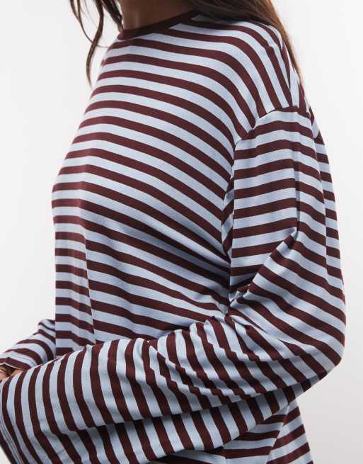 Monki oversized longsleeved t-shirt in blue and burgundy stripe, 3 of 4