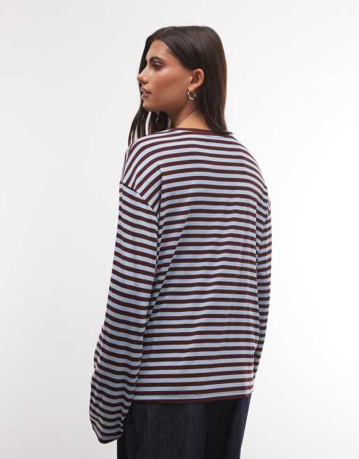 Monki oversized longsleeved t-shirt in blue and burgundy stripe, 4 of 4