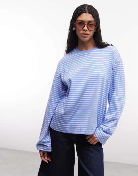 Monki oversized longsleeved t-shirt in blue and white stripe - view 1