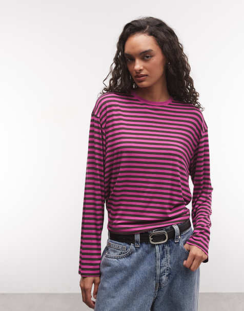 Monki oversized longsleeved t-shirt in Brown and Pink stripe - view 1
