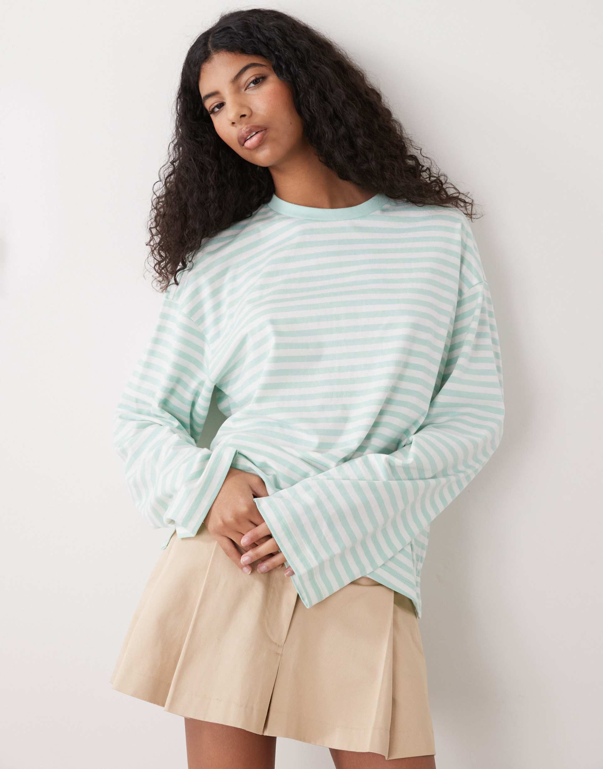 monki oversized longsleeved t-shirt in white and green stripe