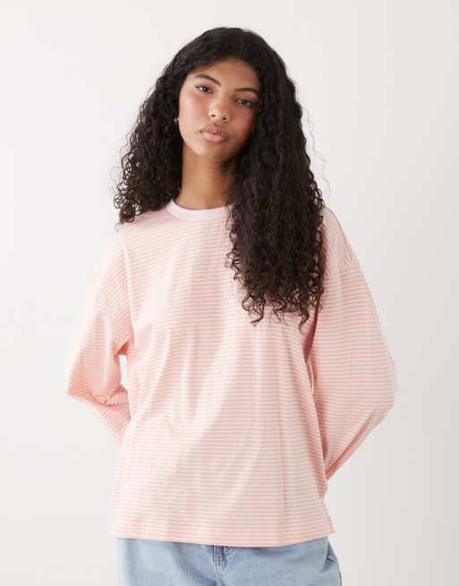 Monki oversized longsleeved t-shirt with side slits in pink and coral stripe, 2 of 4